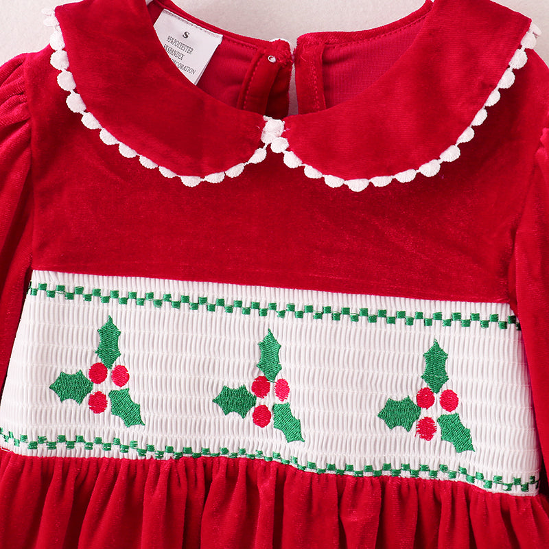 (In Stock E1-2-2)Girls Christmas Embroidery Smocked Velvet Dress