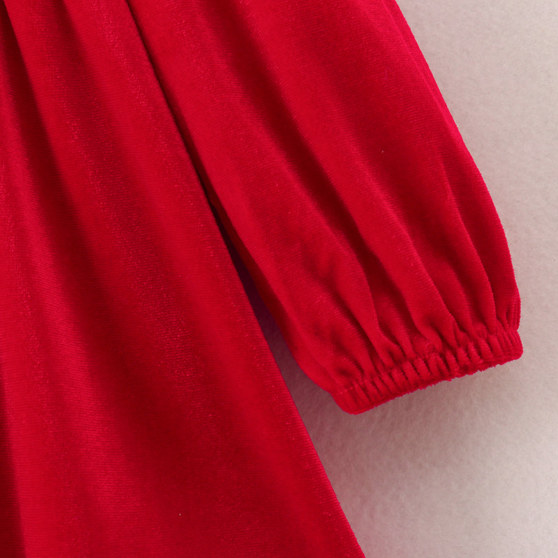 (In Stock E1-2-2)Girls Christmas Embroidery Smocked Velvet Dress