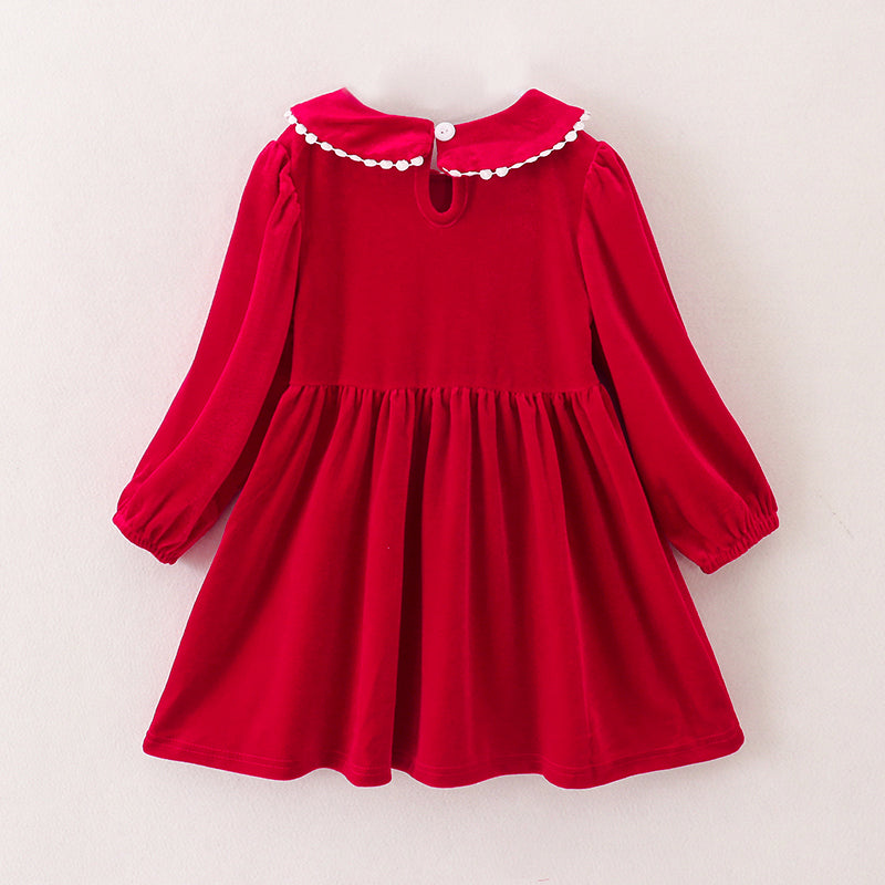 (In Stock E1-2-2)Girls Christmas Embroidery Smocked Velvet Dress