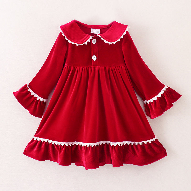 (In Stock E1-2-3)Girls Christmas Red Velvet Dress