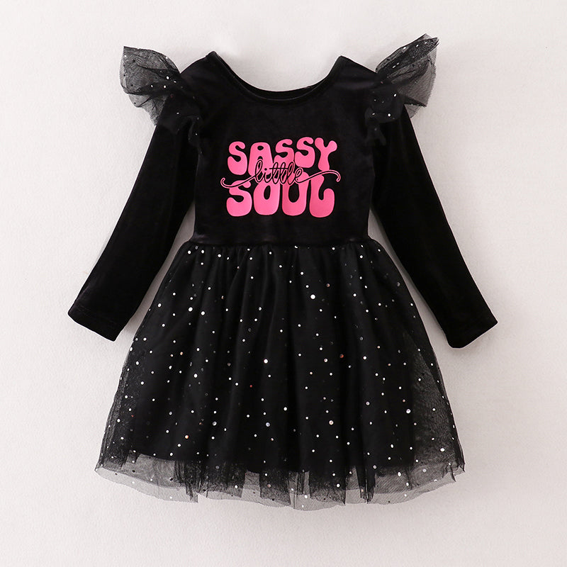 In Stock E21-4-1Girls Black Velvet Top Tulle Dress