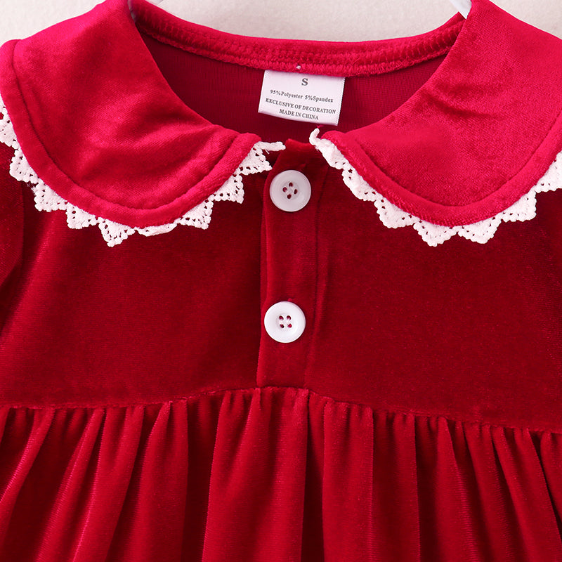 (In Stock E1-2-3)Girls Christmas Red Velvet Dress