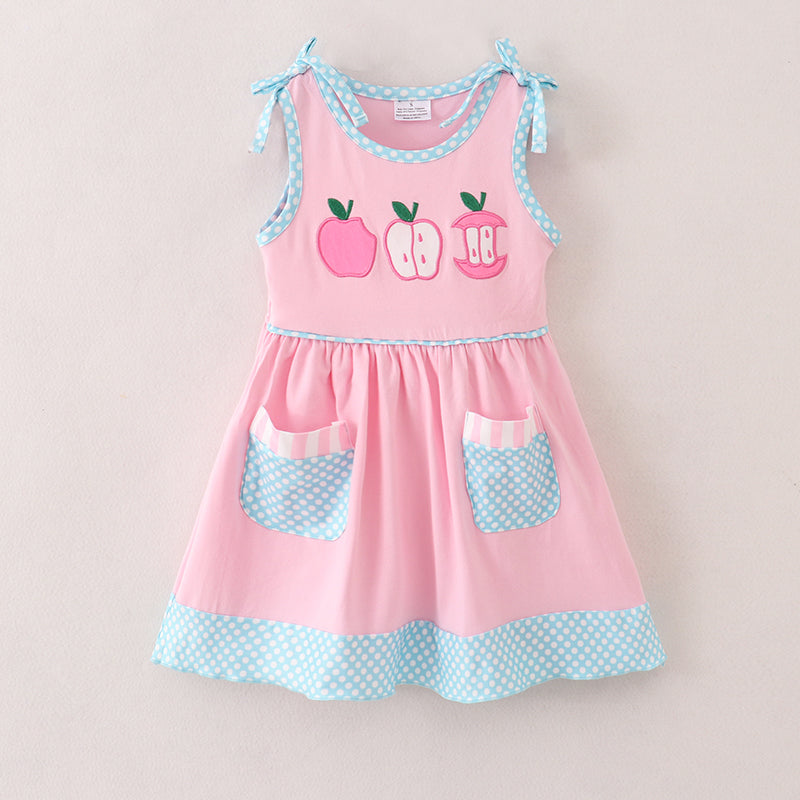 (In Stock E11-2-1)Back To School Pink Apple Embroidery Dress