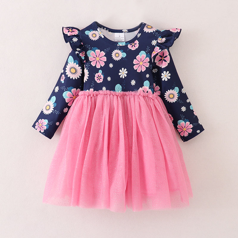 (In Stock E3-4-2)Girls Floral Print Pink Tulle Dress
