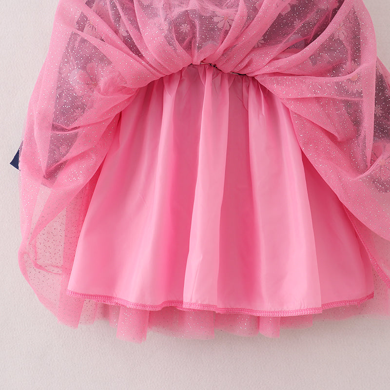 (In Stock E3-4-2)Girls Floral Print Pink Tulle Dress