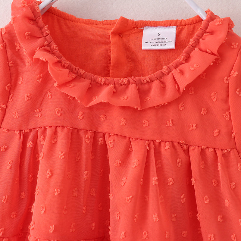 (In Stock E21-1-2)Fall Girls Coral Swiss Dot Dress