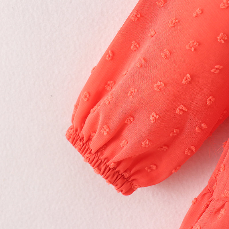 (In Stock E21-1-2)Fall Girls Coral Swiss Dot Dress