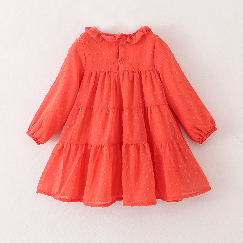 (In Stock E21-1-2)Fall Girls Coral Swiss Dot Dress