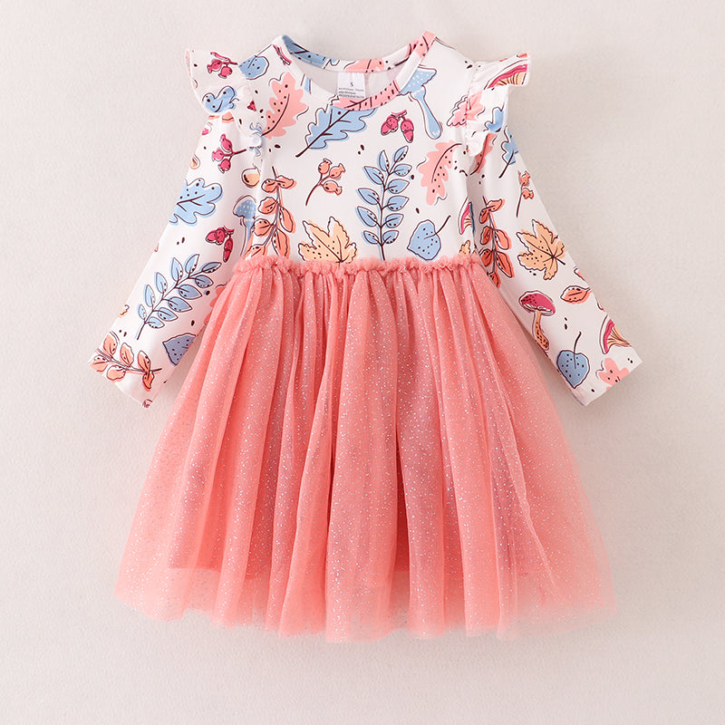 (In Stock E3-4-2)Girls Floral Print Coral Tulle Dress