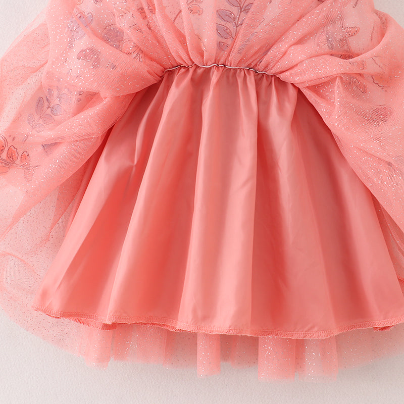 (In Stock E3-4-2)Girls Floral Print Coral Tulle Dress