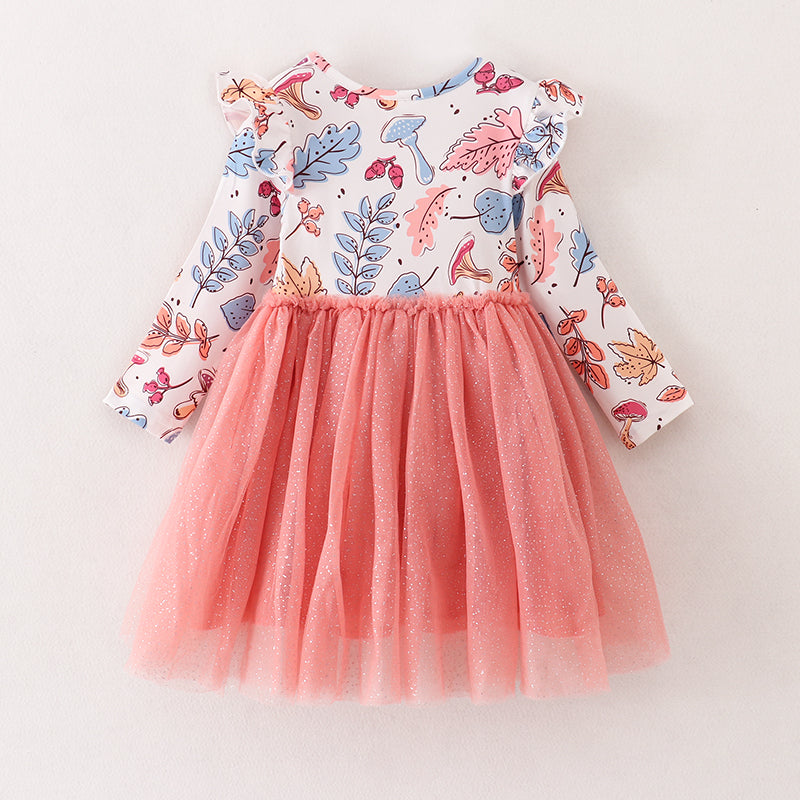 (In Stock E3-4-2)Girls Floral Print Coral Tulle Dress