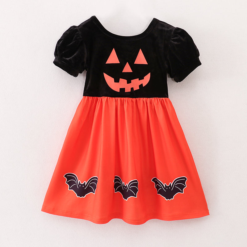 In Stock）Girls Halloween Print Velvet Dress