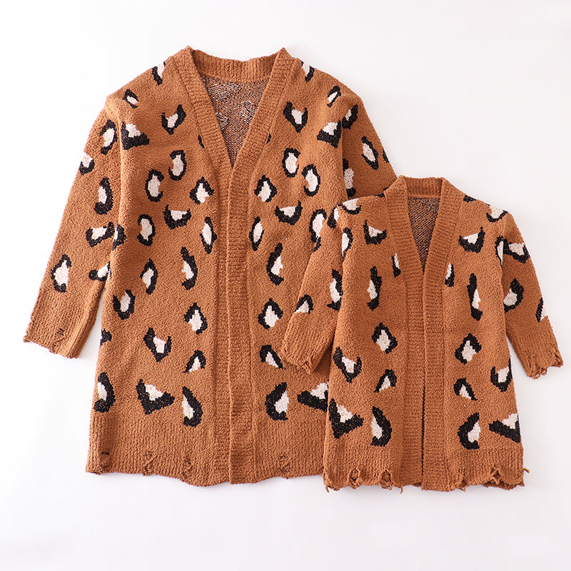 (In Stock Q07-01-01)Mommy and Me Leopard Brown Sweater Cardigan