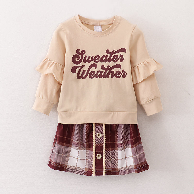 (In Stock E25-3-3)Girls Beige Top Plaid Skirt Set