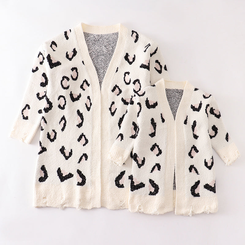 (In Stock L17-2-1)Mommy and Me Leopard White Sweater Cardigan