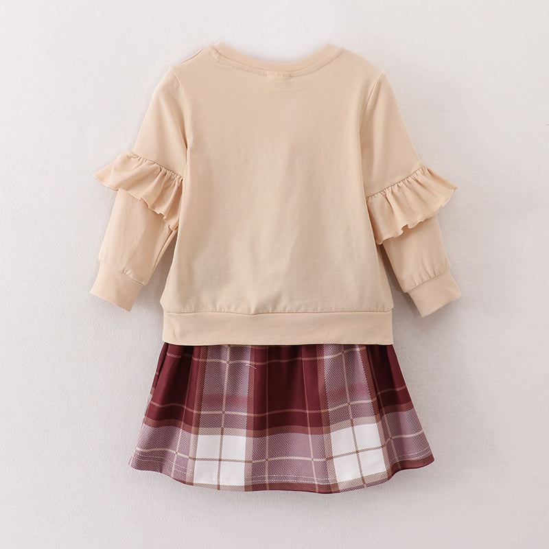 (In Stock E25-3-3)Girls Beige Top Plaid Skirt Set