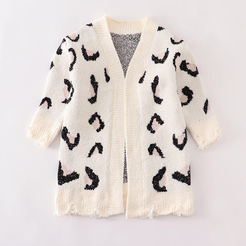 (In Stock L17-2-1)Mommy and Me Leopard White Sweater Cardigan