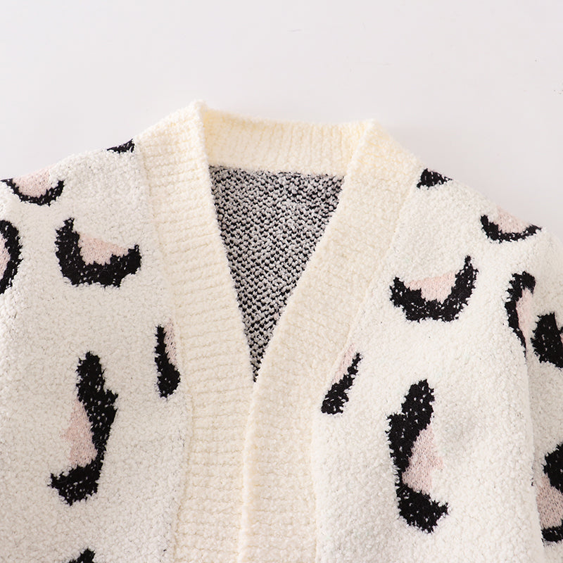 (In Stock L17-2-1)Mommy and Me Leopard White Sweater Cardigan