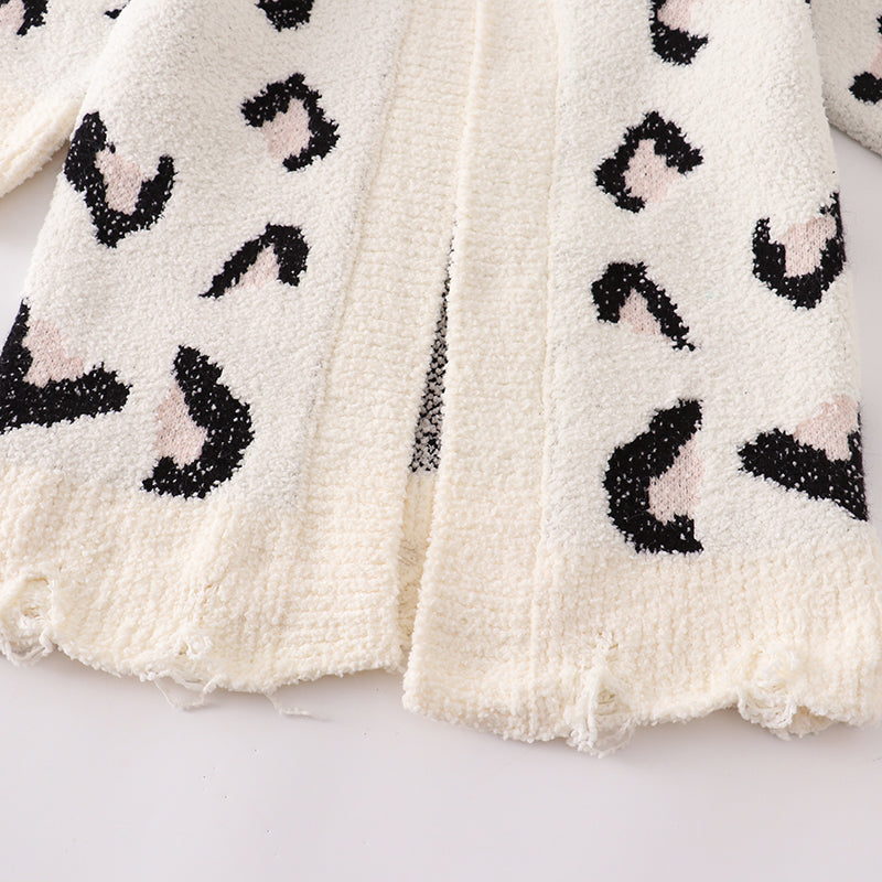 (In Stock L17-2-1)Mommy and Me Leopard White Sweater Cardigan
