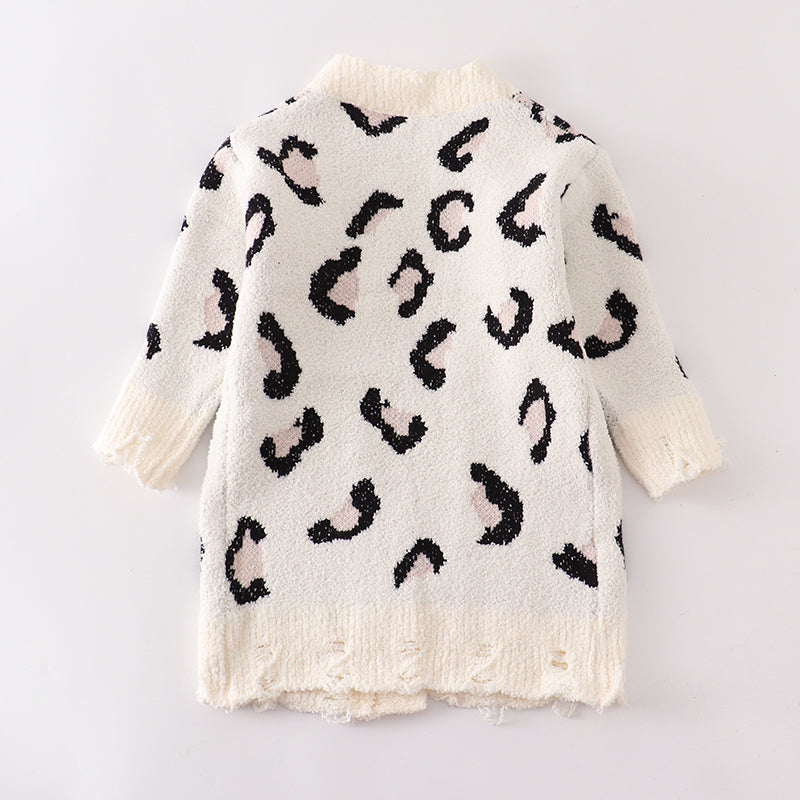 (In Stock L17-2-1)Mommy and Me Leopard White Sweater Cardigan