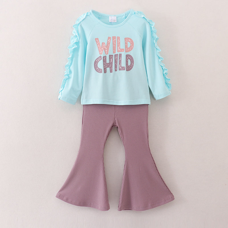 (In Stock E25-1-1)Fall Girls “WILD CHILD” Print Rid Fabric Pants Set