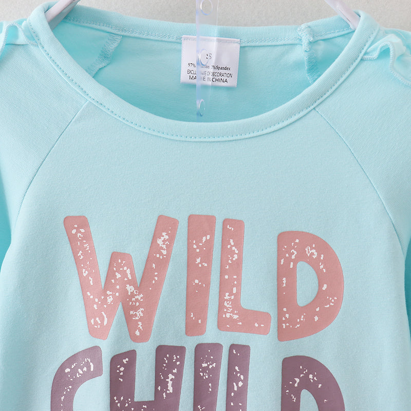 (In Stock E25-1-1)Fall Girls “WILD CHILD” Print Rid Fabric Pants Set