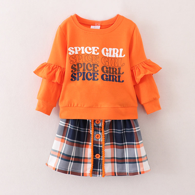 (In Stock E25-4-3)Girls Orange Top Plaid Skirt Set