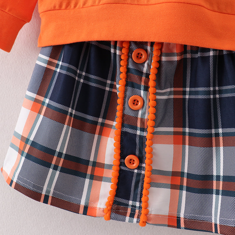 (In Stock E25-4-3)Girls Orange Top Plaid Skirt Set