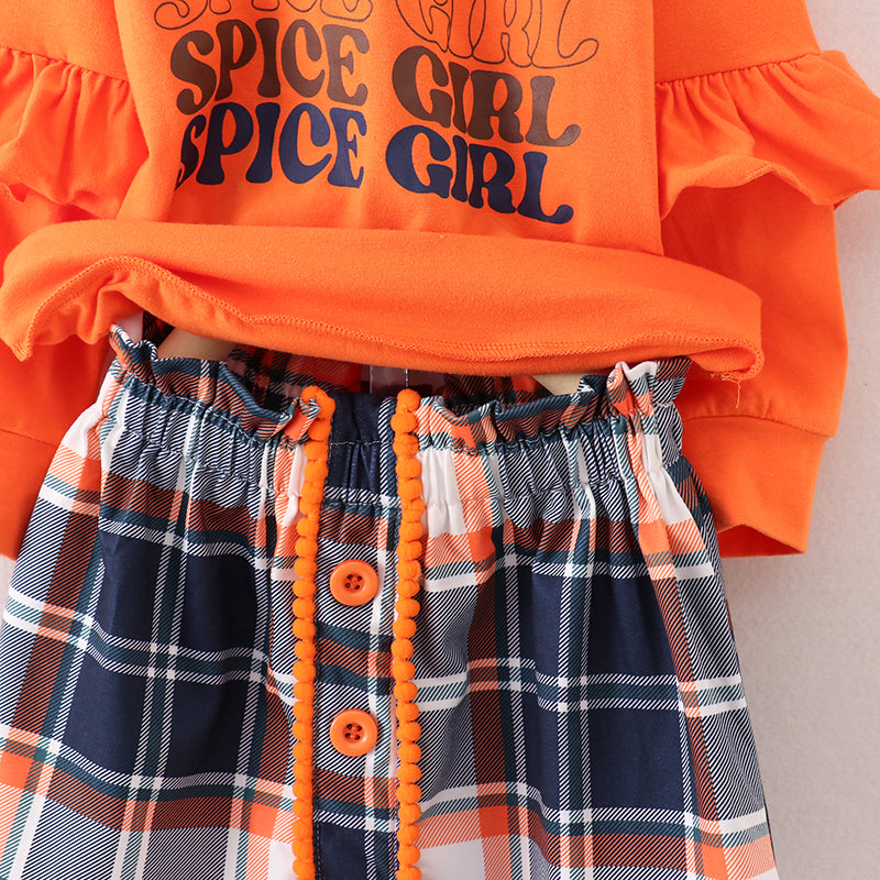 (In Stock E25-4-3)Girls Orange Top Plaid Skirt Set