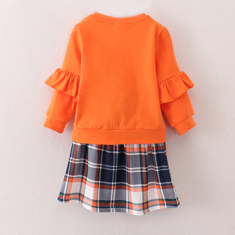 (In Stock E25-4-3)Girls Orange Top Plaid Skirt Set