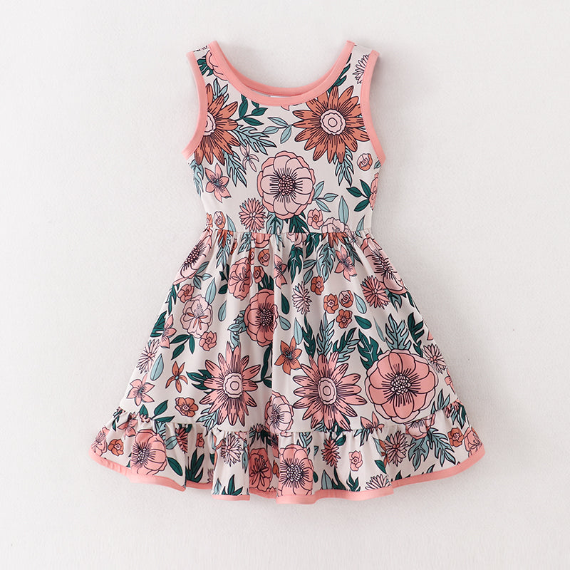 (In Stock A1-6-1)Girls Coral Floral Sleeveless Dress