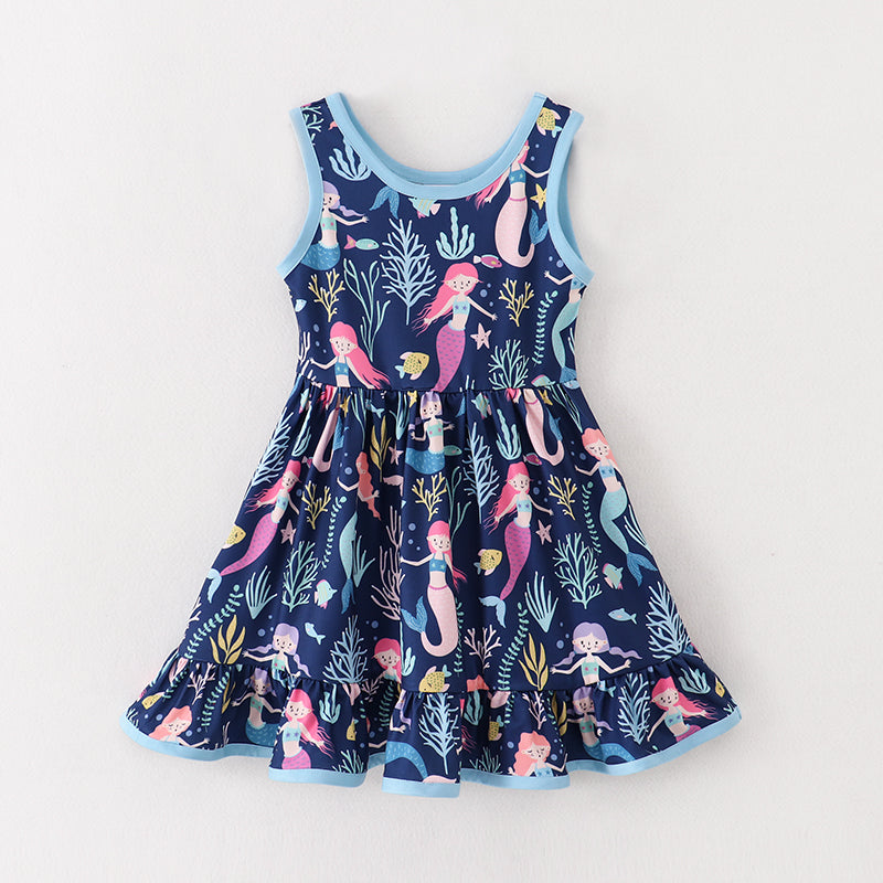 (In Stock A1-6-1)Girls Navy Mermaid Sleeveless Dress