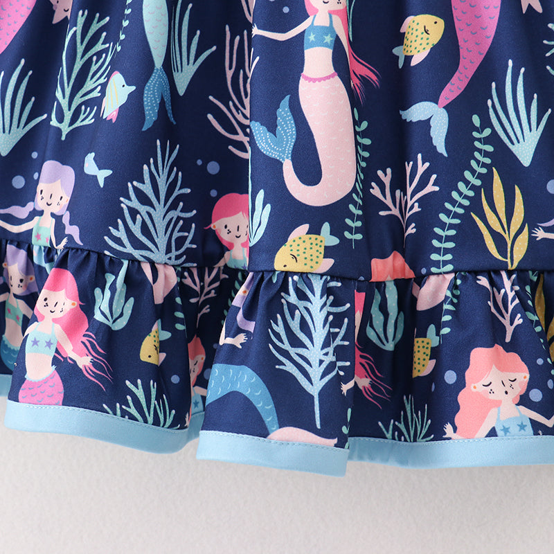 (In Stock A1-6-1)Girls Navy Mermaid Sleeveless Dress