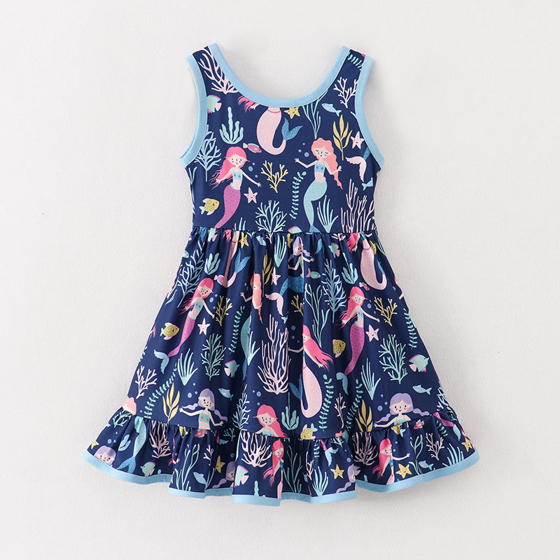 (In Stock A1-6-1)Girls Navy Mermaid Sleeveless Dress