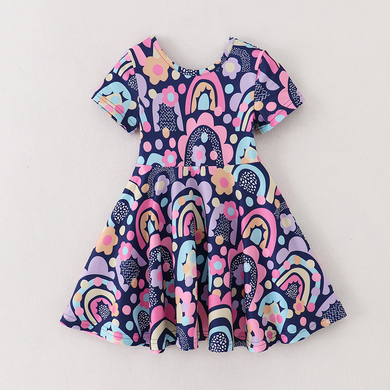 (In Stock A3-4-2)Girls Navy Rainbow Floral Print Twirl Dress