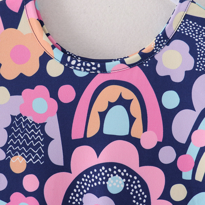 (In Stock A3-4-2)Girls Navy Rainbow Floral Print Twirl Dress