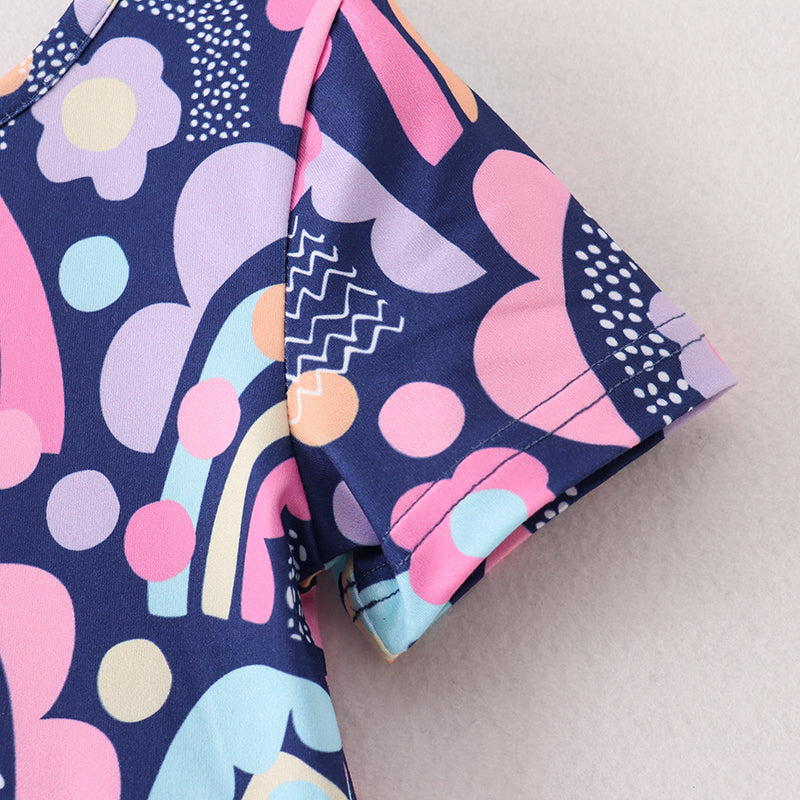 (In Stock A3-4-2)Girls Navy Rainbow Floral Print Twirl Dress