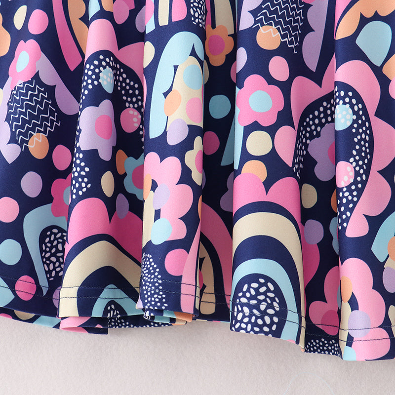 (In Stock A3-4-2)Girls Navy Rainbow Floral Print Twirl Dress