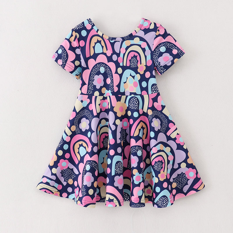 (In Stock A3-4-2)Girls Navy Rainbow Floral Print Twirl Dress