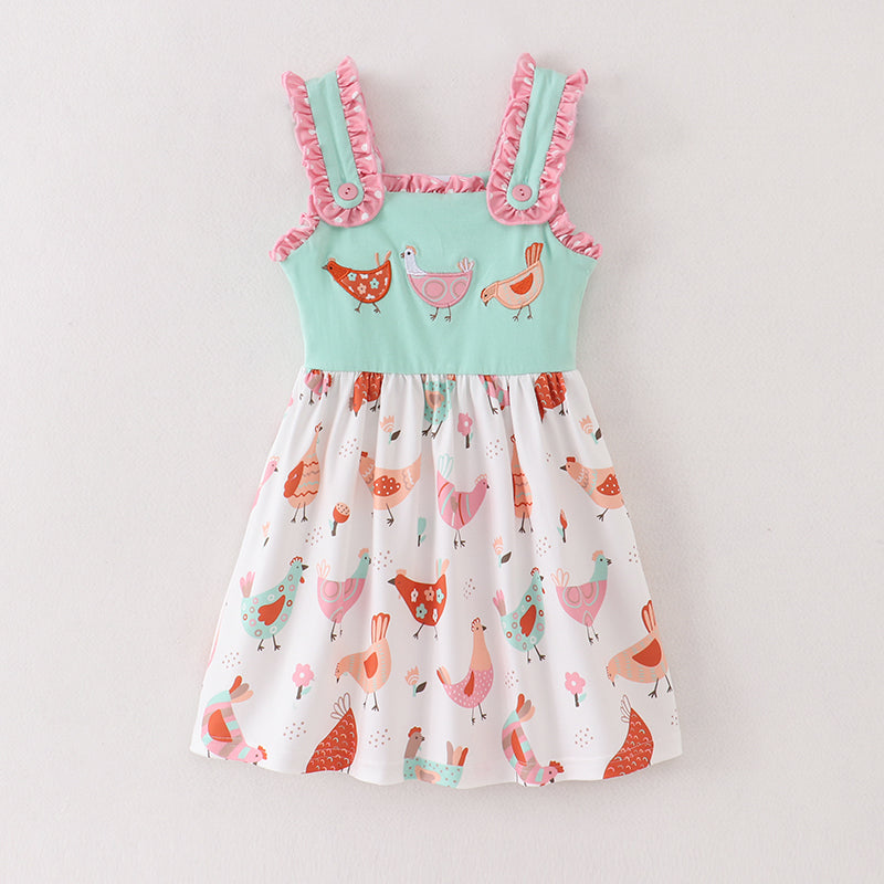 (In Stock A2-4-2)Girls Mint Coral Chicken Embroidery Dress