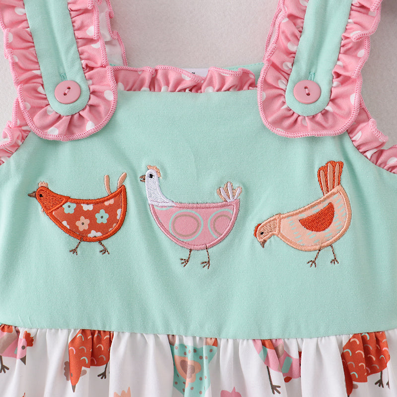 (In Stock A2-4-2)Girls Mint Coral Chicken Embroidery Dress
