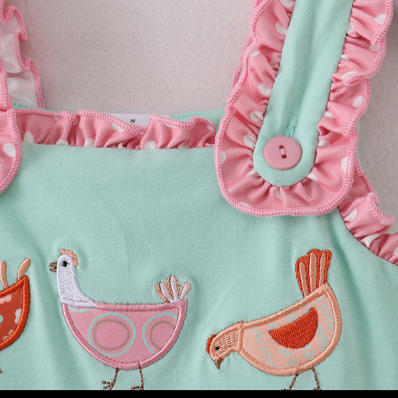 (In Stock A2-4-2)Girls Mint Coral Chicken Embroidery Dress