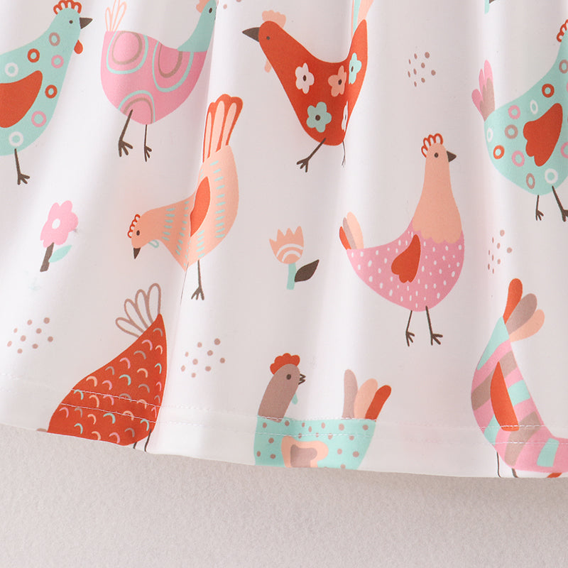 (In Stock A2-4-2)Girls Mint Coral Chicken Embroidery Dress