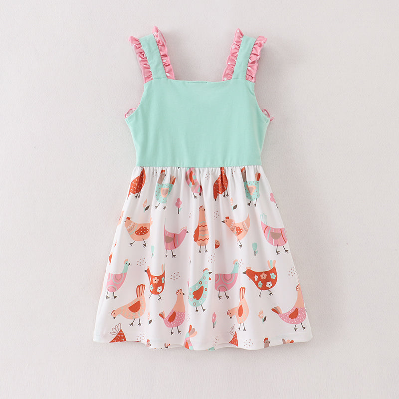 (In Stock A2-4-2)Girls Mint Coral Chicken Embroidery Dress