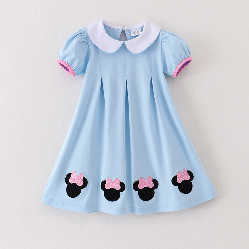 (In Stock)Girls Spring&Summer Blue Minnie Applique Dress