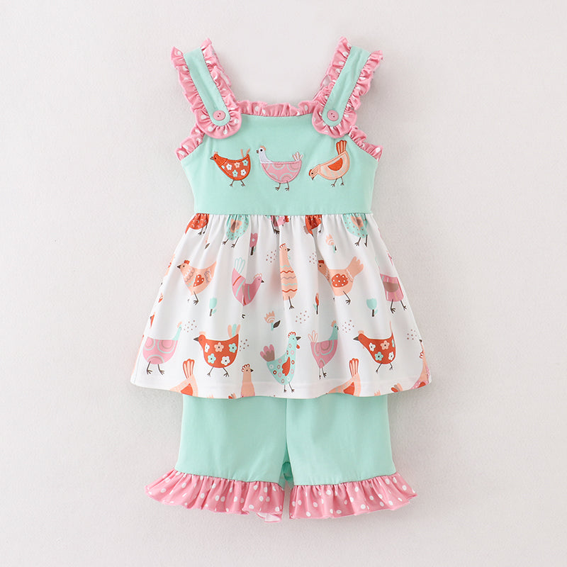 (In Stock A3-3-2)Girls Mint Coral Chicken Embroidery Shorts Set
