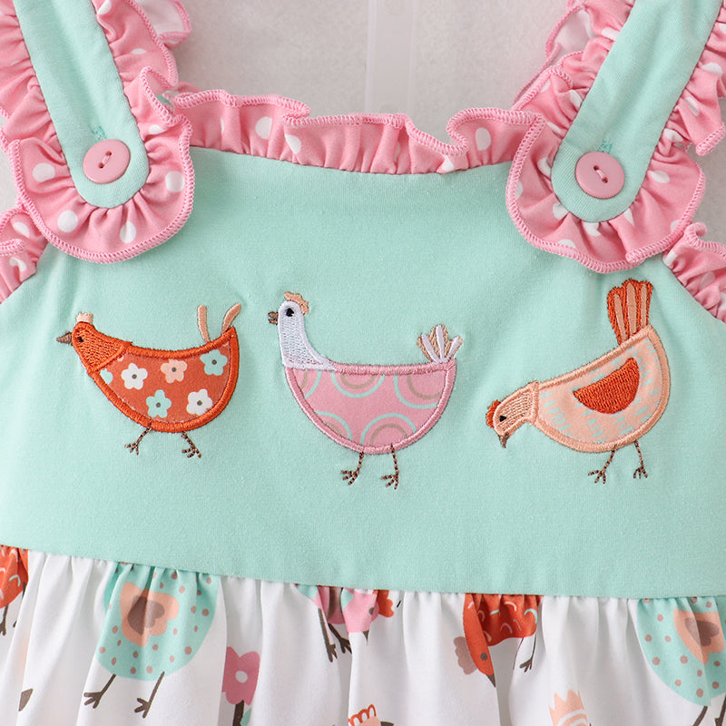 (In Stock A3-3-2)Girls Mint Coral Chicken Embroidery Shorts Set