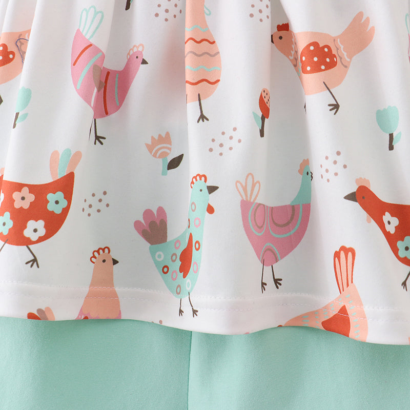 (In Stock A3-3-2)Girls Mint Coral Chicken Embroidery Shorts Set