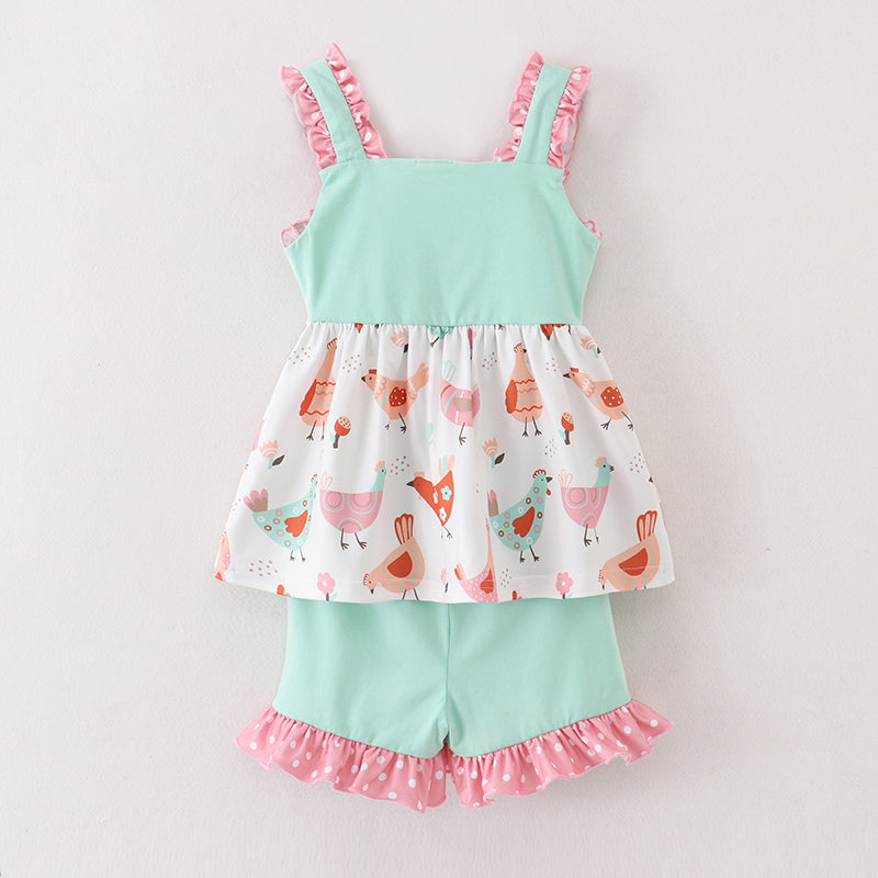 (In Stock A3-3-2)Girls Mint Coral Chicken Embroidery Shorts Set