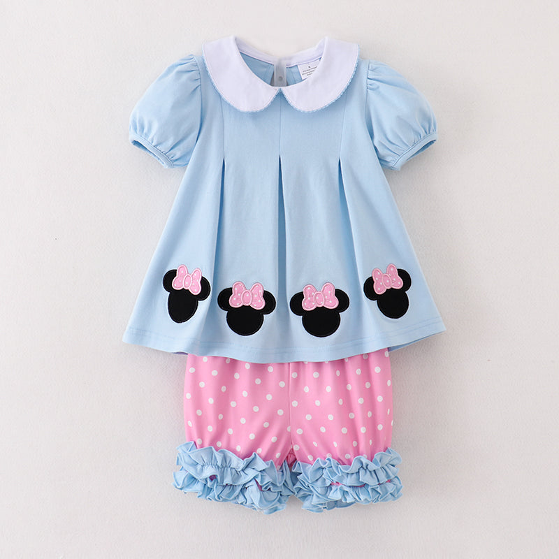 (In Stock A2-4-3)Girls Blue Minnie Embroidery Pink Shorts Set